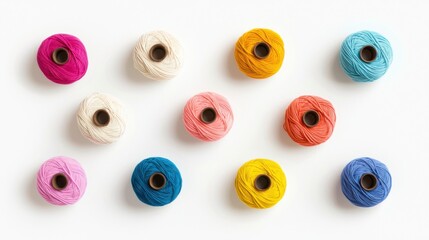Fototapeta premium A colorful arrangement of various yarn spools on a white background, showcasing vibrant shades perfect for crafting.