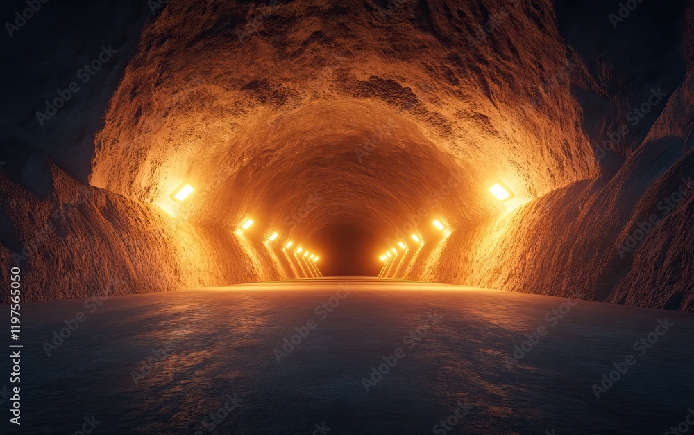 Poster a dark tunnel illuminated by warm lights, leading into the unknown, creating a mysterious and atmosp