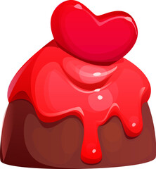 Valentine heart pink candy, sweets and confectionery. Saint Valentine holiday chocolate candy dessert with red heart and cream icing, romance day gift or love party isolated vector sweet cocoa praline