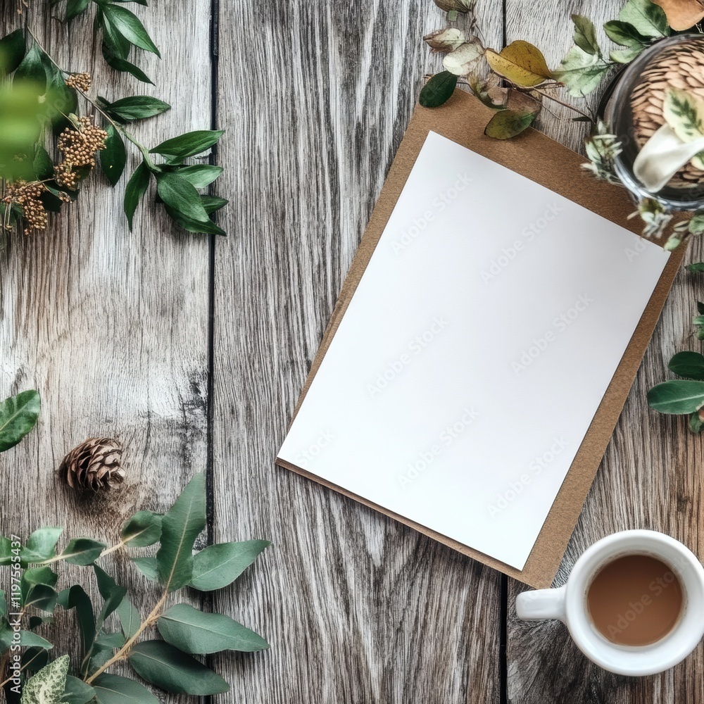 Poster create a personalized note in a cozy workspace with greenery and coffee for inspiration. generative 