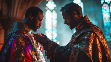Fototapeta premium A solemn moment captured within a sacred space. Two individuals in vibrant, intricate garments share a significant ritual. Light filters through the stained glass. Generative AI