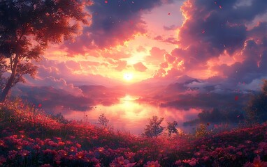 Fototapeta premium Dreamy Sunset River Landscape with Flowers