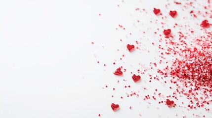 A vibrant red heart-shaped sprinkle adorns a pristine white surface, symbolizing love and sweetness, perfect for spreading Valentine's cheer.