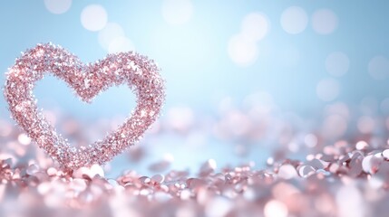 Fototapeta premium A sparkling heart, shimmering with glitter, stands out against a serene blue backdrop, embodying love and celebration this Valentine's Day.