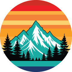 Retro Vintage Sunset Mountain Silhouette with Spruce Trees Vector Art for T-Shirt Design