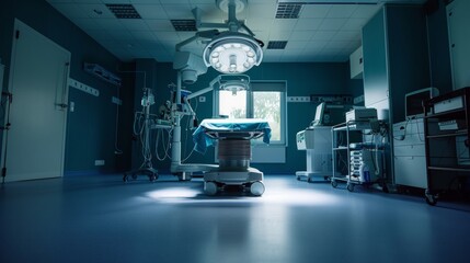 Empty modern operating room ready for surgery with advanced equipment and sterile environment