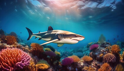Fototapeta premium coral reef shark and diver