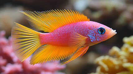 vibrant pink and orange fish swimming gracefully in colorful aquarium, surrounded by coral
