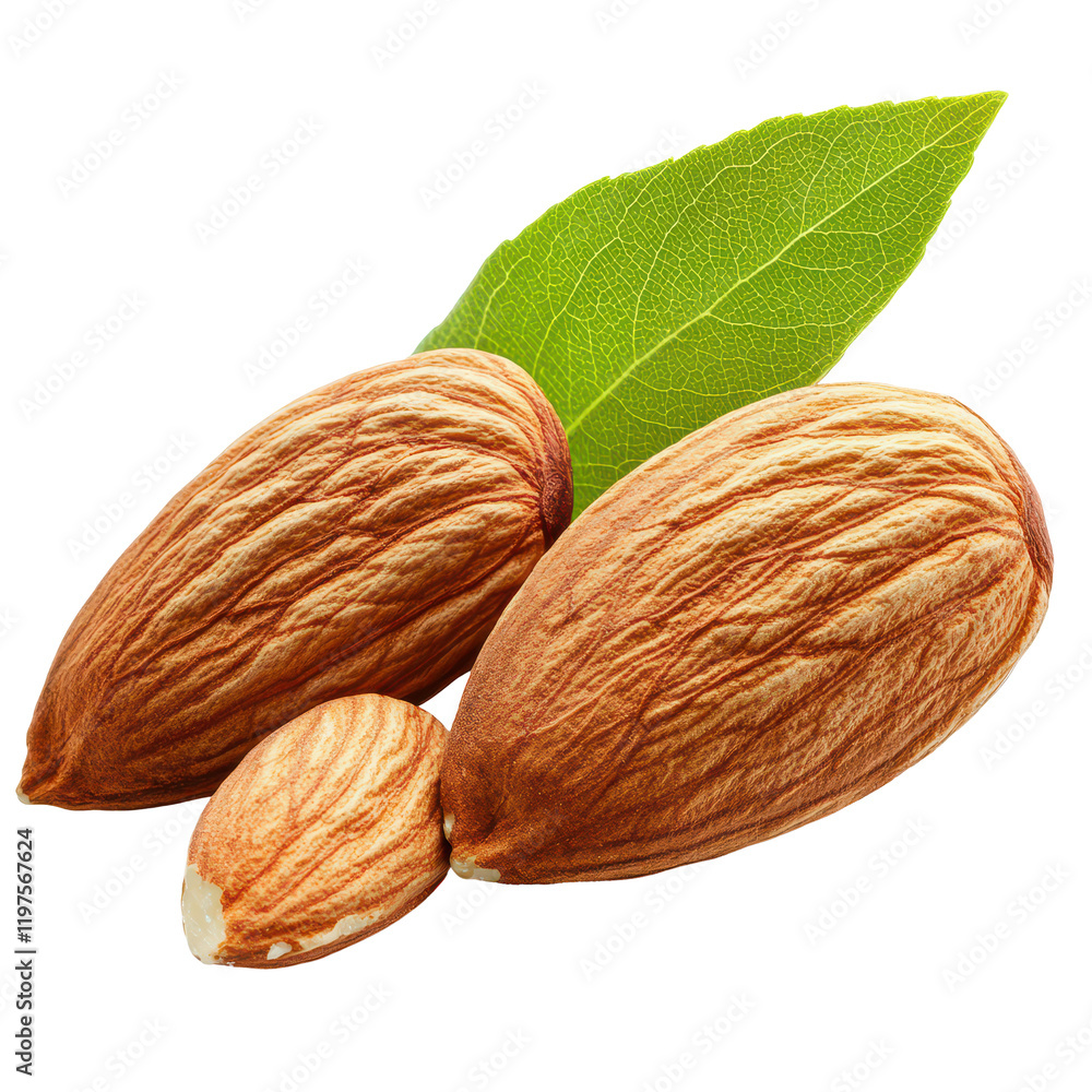 Poster almond nut isolated on a transparent background showcasing its natural texture and shape with a gree