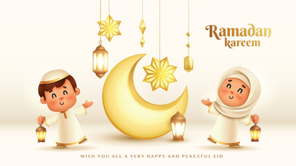 Islamic Ramadan Kareem Celebration: Joyful Kids with Lanterns and Crescent Moon © ori-artiste