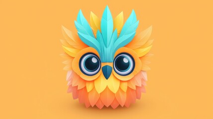 Fototapeta premium A colorful, cartoon-style owl with large eyes and vibrant feathers against a bright orange background.