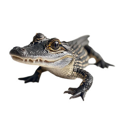 Fototapeta premium Close up of a small alligator resting on a Png surface in natural light, a close up a small alligator on a Png surface. transparent background