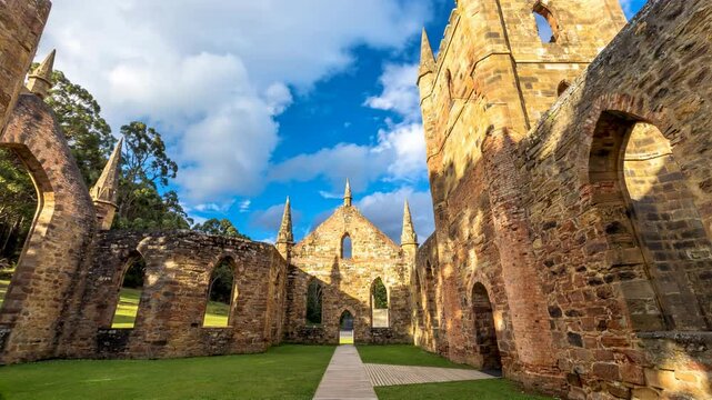 Ruins of the Church Convict. Port Arthur is one of Australia's most significant heritage areas and an open-air museum. Port Arthur Historic Site, Tasmania, Australia. REAL PHOTO animated by AI