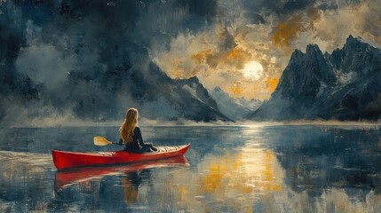 Solitude on a Serene Lake: A Woman Kayaking at Sunset in a Majestic Mountain Landscape
