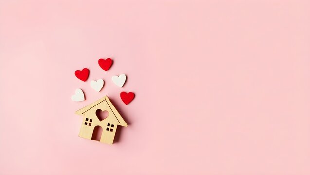 Wooden house toy and paper box red heart shape on pink background with copy space.Real estate concept, New house concept, Love house concept, Finance loan business concept - Powered by Adobe