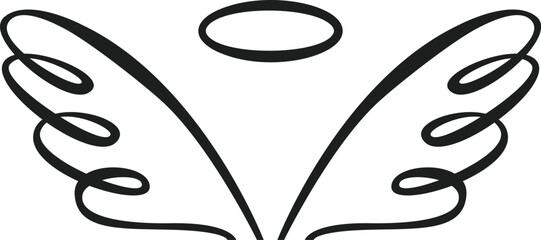 Stylized angel wings with halo hovering above, representing spirituality, hope, and divine presence, creating a symbolic image of grace and protection © Frogella.stock