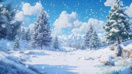 Winter Wonderland Landscape with Snowy Trees and Mountains