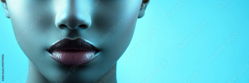 Poster stunning close up of a womans face showcasing a serene expression against a calming blue backdrop wi
