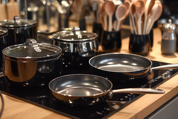 cooking pots and pans black colour Grayscale overhead shot of metal pot frying pan a lid