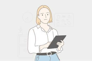 Tired woman working overtime. Hand drawn style vector design illustrations.