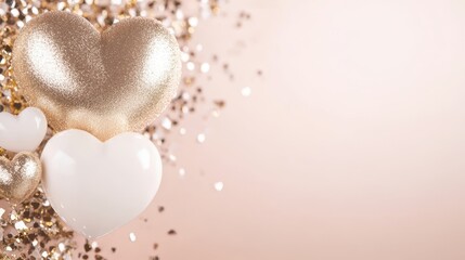 Fototapeta premium A vibrant display of balloons and hearts floats gracefully against a shimmering gold background, capturing the essence of love and celebration.