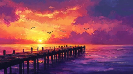 Obraz premium Vibrant sunset over calm ocean with wooden pier and flying birds.