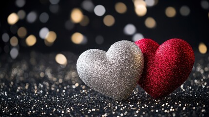 Obraz premium Two shimmering hearts rest on a sleek black surface, surrounded by a sparkling backdrop that captures the essence of love and celebration.
