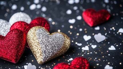 Obraz premium Sparkling hearts adorn a dark canvas, surrounded by shimmering glitter and playful confetti, creating a festive atmosphere of love and celebration.