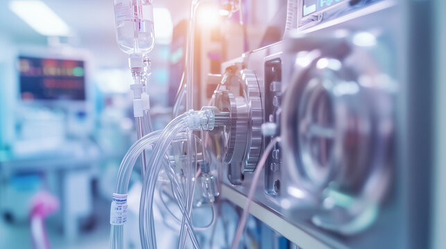 Kidney dialysis machine in use with a patient&rsquo;s arm connected to the machine in a hospital room 
