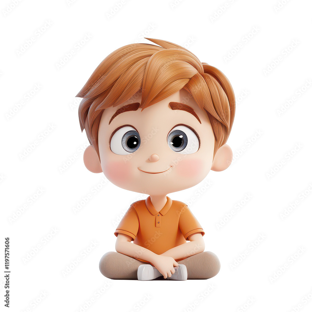 Poster happy cartoon child sitting cross legged on a transparent background with a cheerful expression and 
