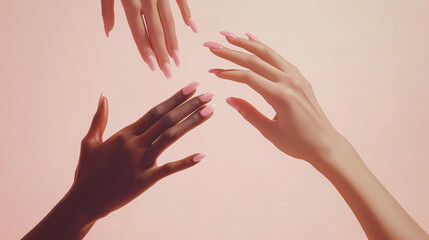 Illustration of racism concept showing diverse hands of different skin tones reaching toward each other but divided by a jagged line, with copy space. Soft, symbolic lighting.