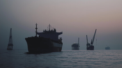 Fototapeta premium Silhouette of an oil tanker at sea, with oil rigs in the distance, with copy space. 