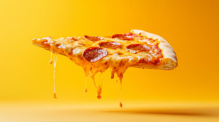 A slice of pepperoni pizza floating in mid-air with cheese dripping, with copy space. Soft warm light.