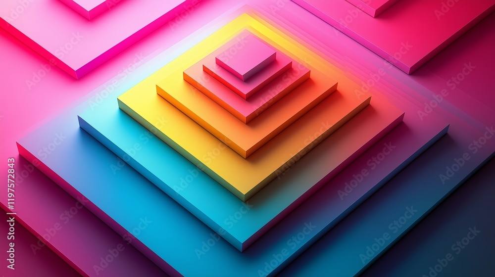 Poster abstract 3d rendering of colorful stacked squares forming a pyramid-like structure, creating a visua