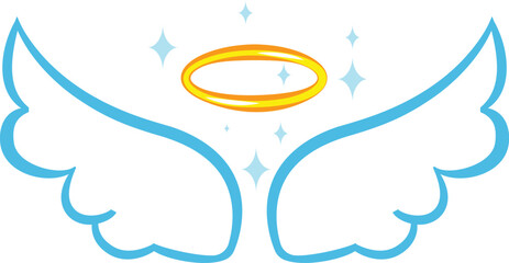 Cartoon style blue angel wings and golden halo with sparkling stars evoke feelings of purity, innocence, and divine presence, perfect for religious or spiritual designs © Frogella.stock