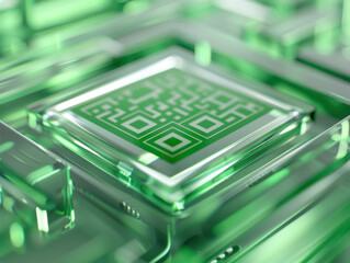 close up of green QR code on transparent surface, showcasing technology