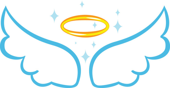 Cartoon style blue angel wings and golden halo with sparkling stars evoke feelings of purity, innocence, and divine presence, perfect for religious or spiritual designs