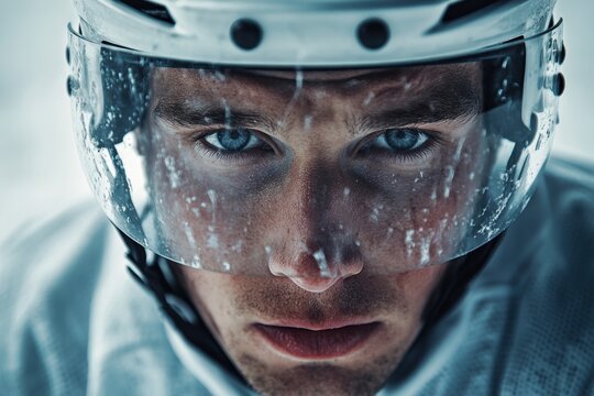 male ice hockey player is shown up close in full gear, his focused expression perfect for advertising sports equipment and safety gear.