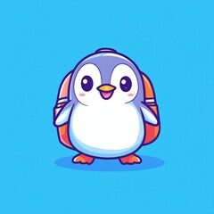 Happy penguin backpack, adventure, background blue, child illustration