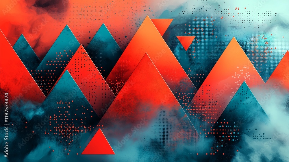 Poster surreal 3d background with infinite layers of triangles and squares, glitch art style, red and cyan 