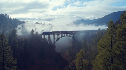 Fototapeta premium Historic Trains Crossing Scenic Railway Bridges Over Verdant Forests and Deep Canyons