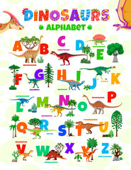 Kids dinosaur alphabet featuring names of dino animal species for the letter. Cartoon vector prehistoric abc for children education, promoting learning and fun interaction with prehistoric creatures