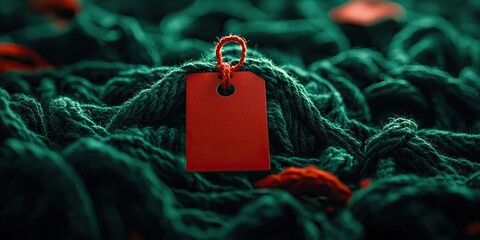 A vibrant green background of tangled fibers with a prominent red label tag adds a striking contrast.