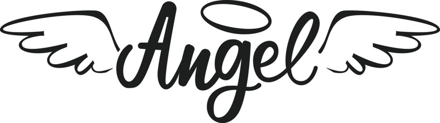 Handwritten lettering forming the word angel, adorned with delicate wings and a halo, embodying themes of spirituality, purity, and a divine presence in a serene design