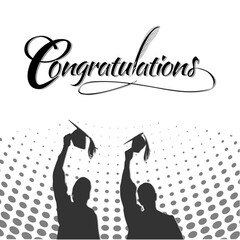 Congratulations typography with a stylized graduate silhouette holding up graduate caps or mortarboards.