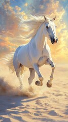 A beautiful white horse with a flowing mane gallops in the desert under a clear sky