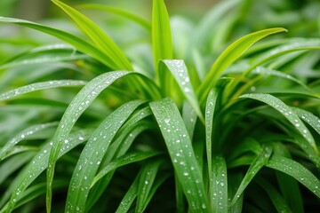 Obraz premium Lush green leaves with dew drops glinting in natural light.