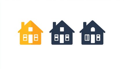 Three Simple House Icons in Yellow and Dark Blue