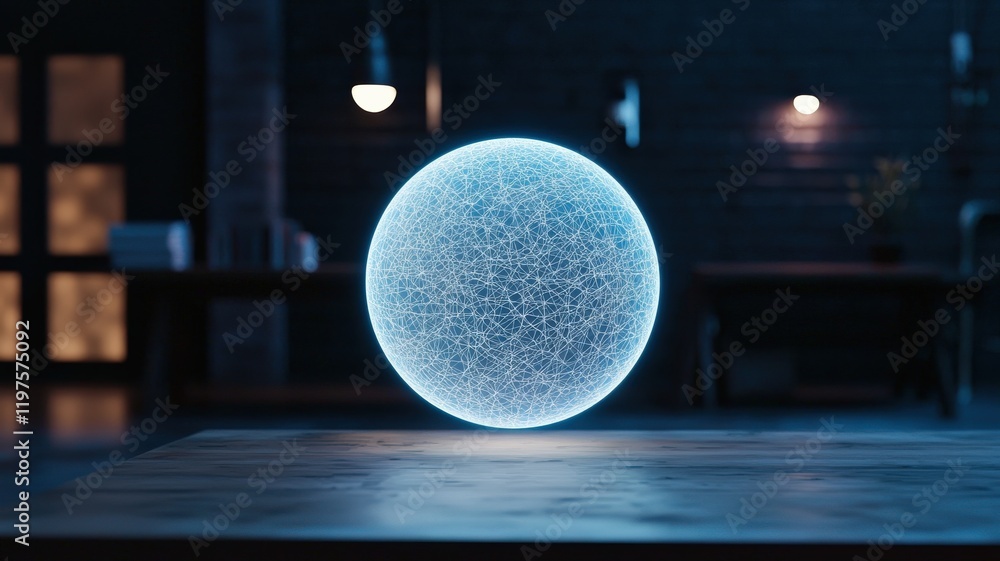 Poster machine learning data science optimization concept. a glowing sphere made of particles illuminates a