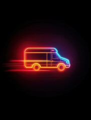 Neon outline of a moving ambulance with red glowing lines for emergency medical concept.
